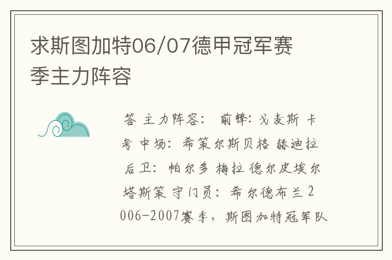 求斯图加特06/07德甲冠军赛季主力阵容