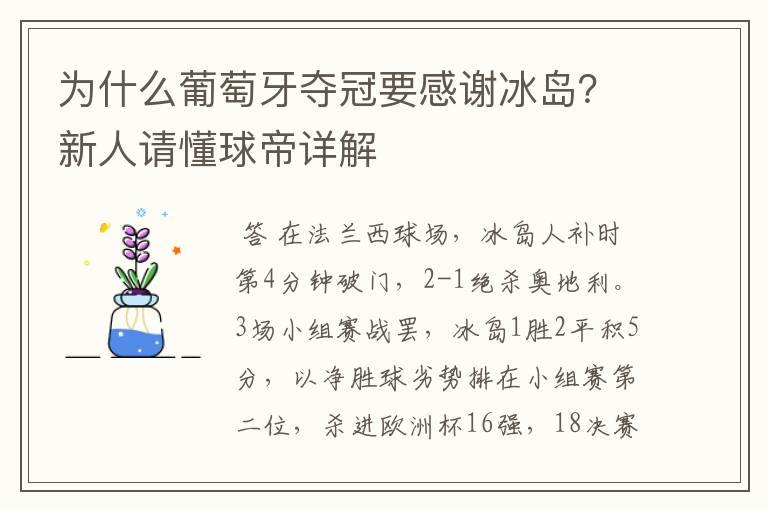 为什么葡萄牙夺冠要感谢冰岛？新人请懂球帝详解