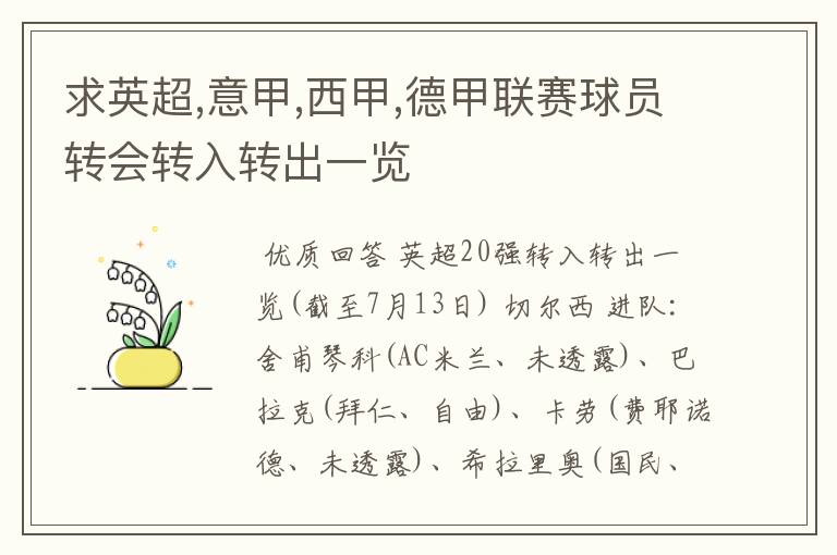 求英超,意甲,西甲,德甲联赛球员转会转入转出一览