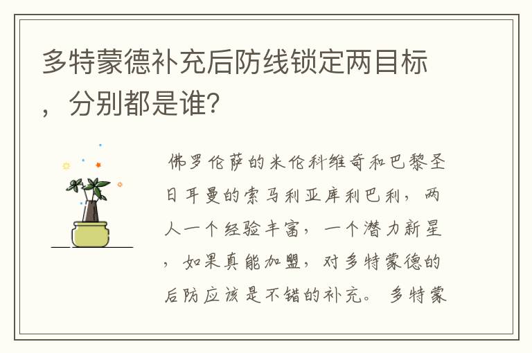 多特蒙德补充后防线锁定两目标，分别都是谁？