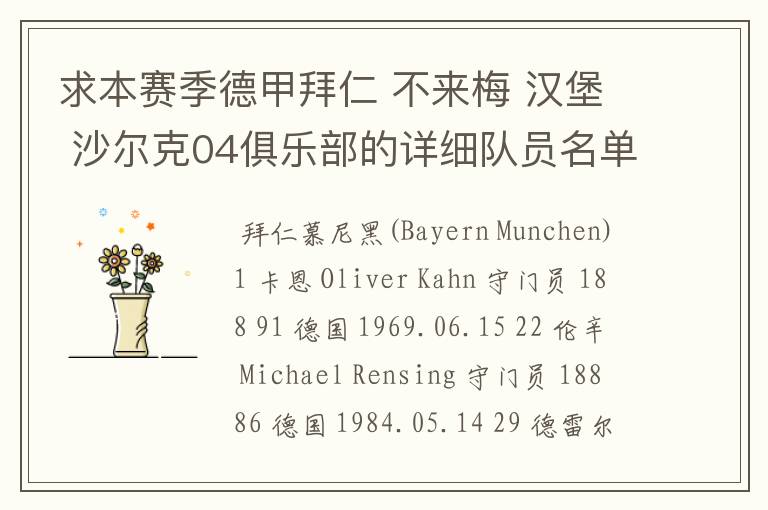 求本赛季德甲拜仁 不来梅 汉堡 沙尔克04俱乐部的详细队员名单?