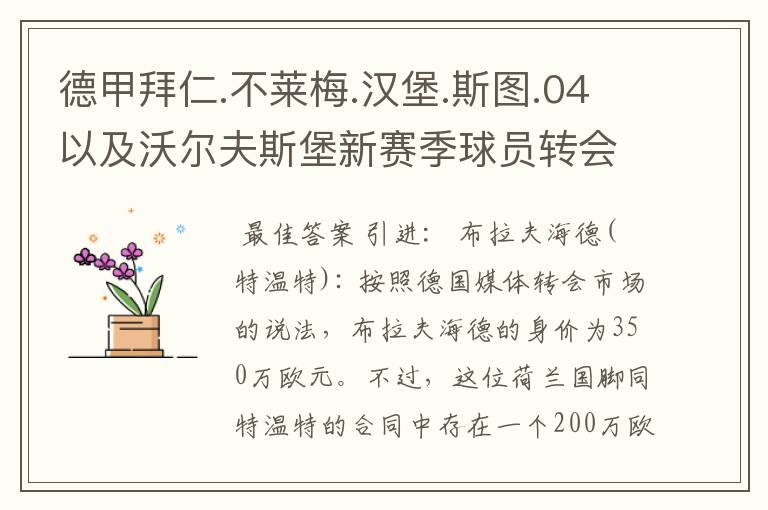 德甲拜仁.不莱梅.汉堡.斯图.04以及沃尔夫斯堡新赛季球员转会一览