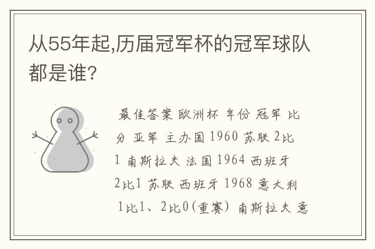 从55年起,历届冠军杯的冠军球队都是谁?