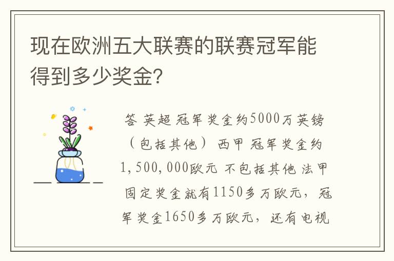 现在欧洲五大联赛的联赛冠军能得到多少奖金？