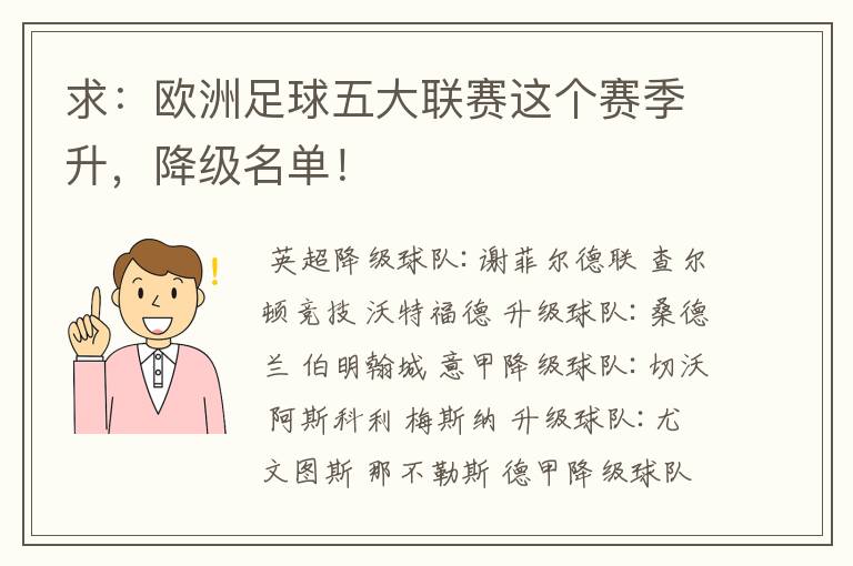 求：欧洲足球五大联赛这个赛季升，降级名单！