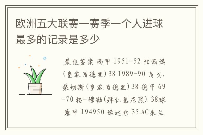 欧洲五大联赛一赛季一个人进球最多的记录是多少