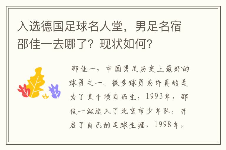 入选德国足球名人堂，男足名宿邵佳一去哪了？现状如何？