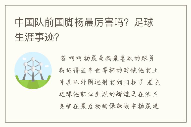 中国队前国脚杨晨厉害吗？足球生涯事迹？