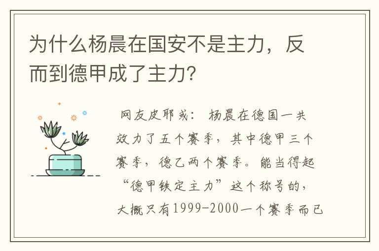 为什么杨晨在国安不是主力，反而到德甲成了主力？