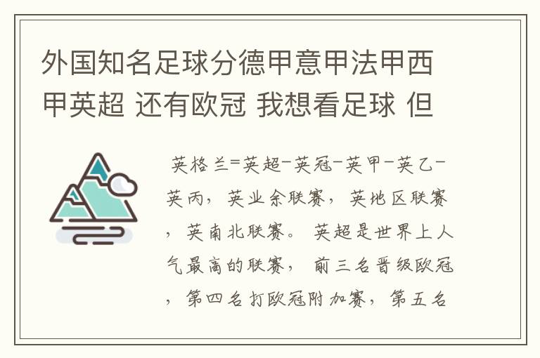 外国知名足球分德甲意甲法甲西甲英超 还有欧冠 我想看足球 但不知道怎么分辨他们怎么进行比赛的