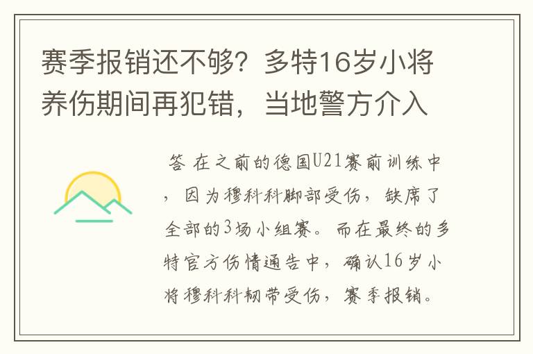 赛季报销还不够？多特16岁小将养伤期间再犯错，当地警方介入