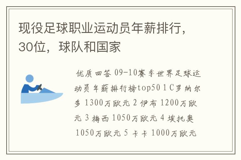 现役足球职业运动员年薪排行，30位，球队和国家