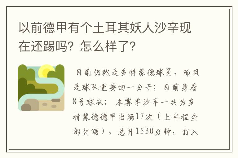 以前德甲有个土耳其妖人沙辛现在还踢吗？怎么样了？