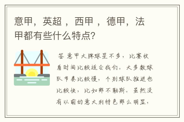 意甲，英超 ，西甲 ，德甲，法甲都有些什么特点？