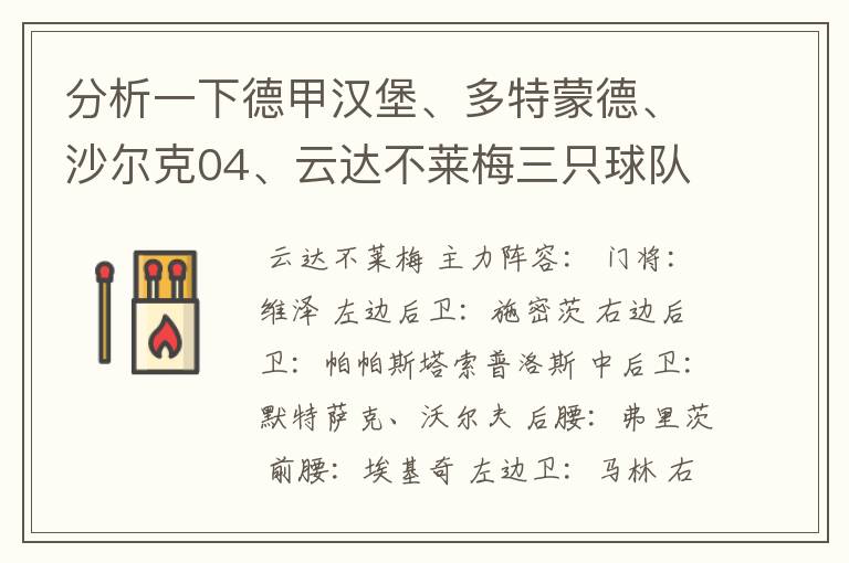 分析一下德甲汉堡、多特蒙德、沙尔克04、云达不莱梅三只球队的人员打法和阵型