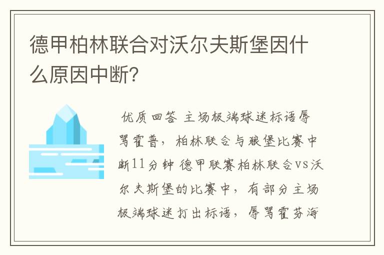 德甲柏林联合对沃尔夫斯堡因什么原因中断？