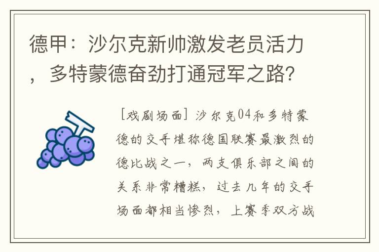 德甲：沙尔克新帅激发老员活力，多特蒙德奋劲打通冠军之路？