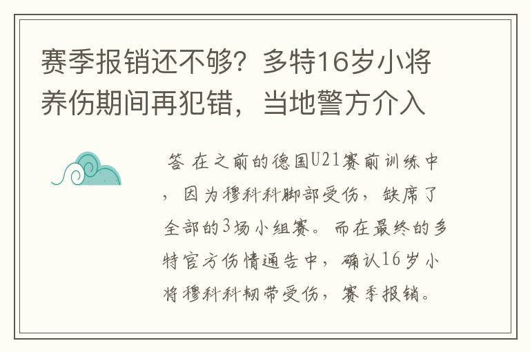 赛季报销还不够？多特16岁小将养伤期间再犯错，当地警方介入