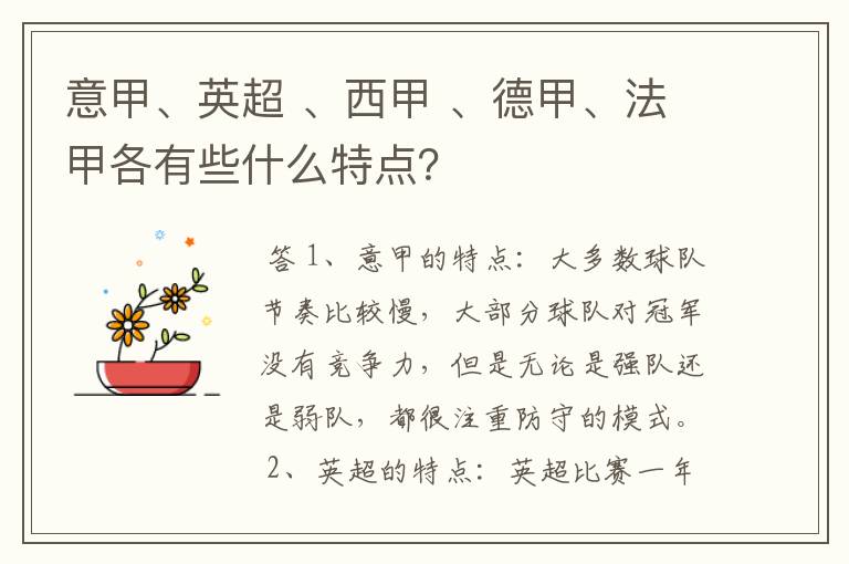 意甲、英超 、西甲 、德甲、法甲各有些什么特点？