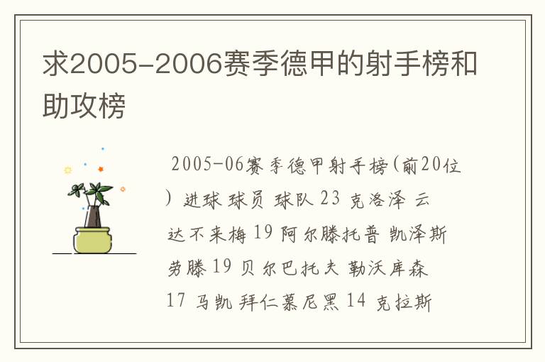 求2005-2006赛季德甲的射手榜和助攻榜