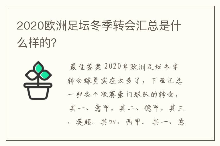 2020欧洲足坛冬季转会汇总是什么样的？