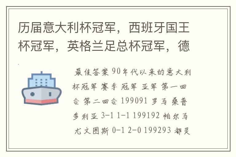 历届意大利杯冠军，西班牙国王杯冠军，英格兰足总杯冠军，德国杯冠军