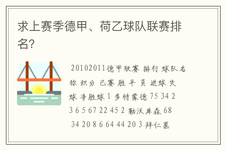 求上赛季德甲、荷乙球队联赛排名？