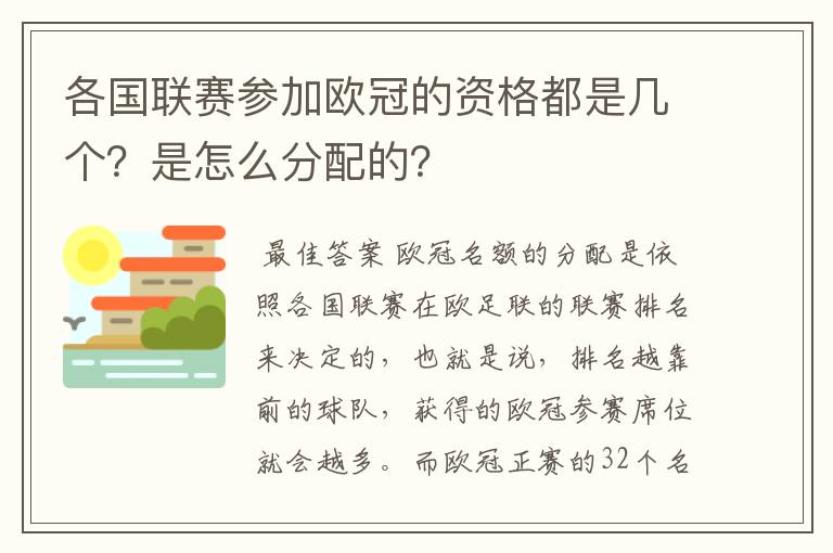 各国联赛参加欧冠的资格都是几个？是怎么分配的？