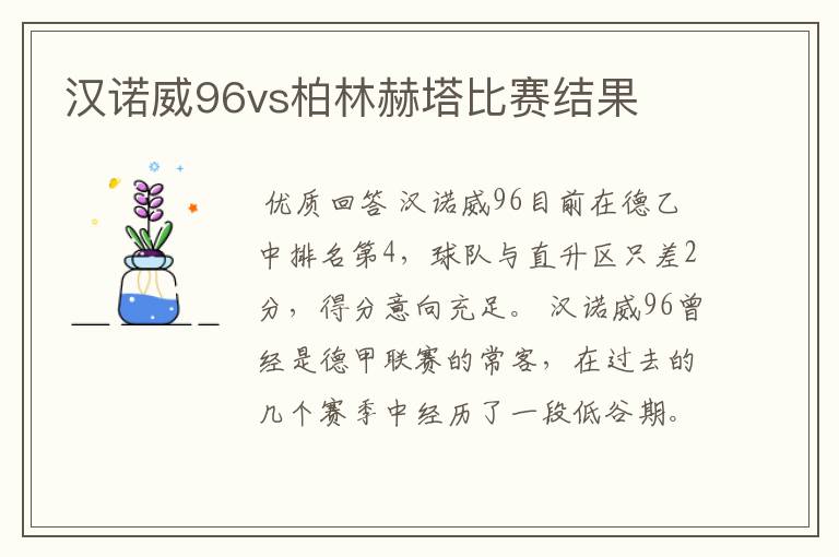 汉诺威96vs柏林赫塔比赛结果