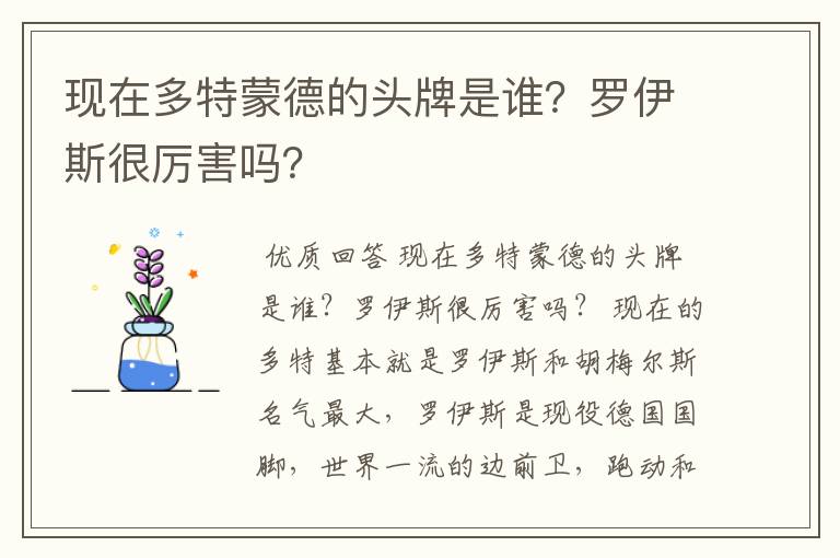 现在多特蒙德的头牌是谁？罗伊斯很厉害吗？