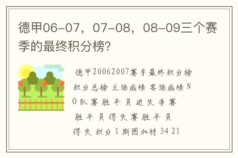 德甲06-07，07-08，08-09三个赛季的最终积分榜？