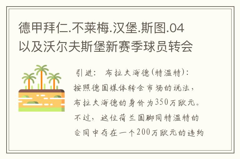 德甲拜仁.不莱梅.汉堡.斯图.04以及沃尔夫斯堡新赛季球员转会一览