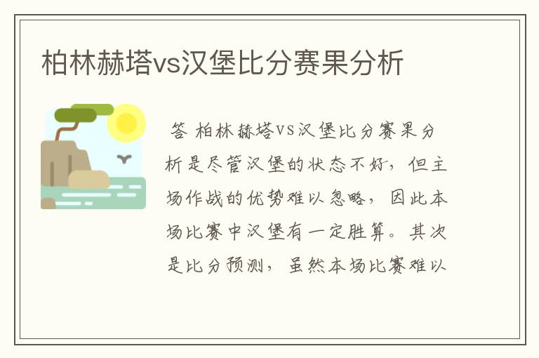 柏林赫塔vs汉堡比分赛果分析