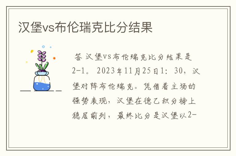 汉堡vs布伦瑞克比分结果