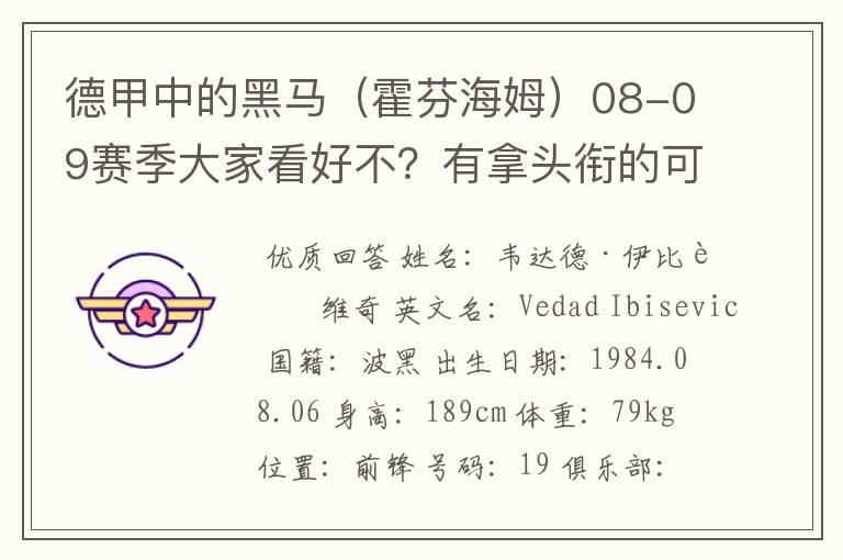 德甲中的黑马（霍芬海姆）08-09赛季大家看好不？有拿头衔的可能吗？