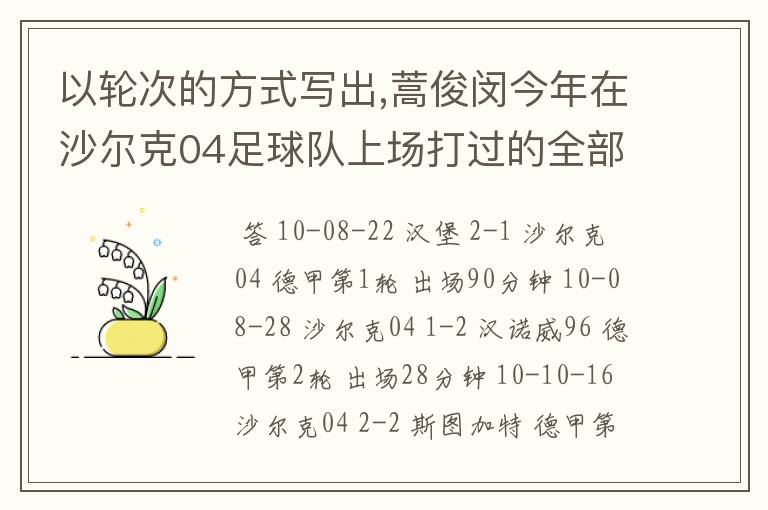 以轮次的方式写出,蒿俊闵今年在沙尔克04足球队上场打过的全部德甲比赛