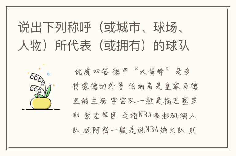 说出下列称呼（或城市、球场、人物）所代表（或拥有）的球队: 德甲“大黄蜂” 伯纳乌 宇宙队 紫