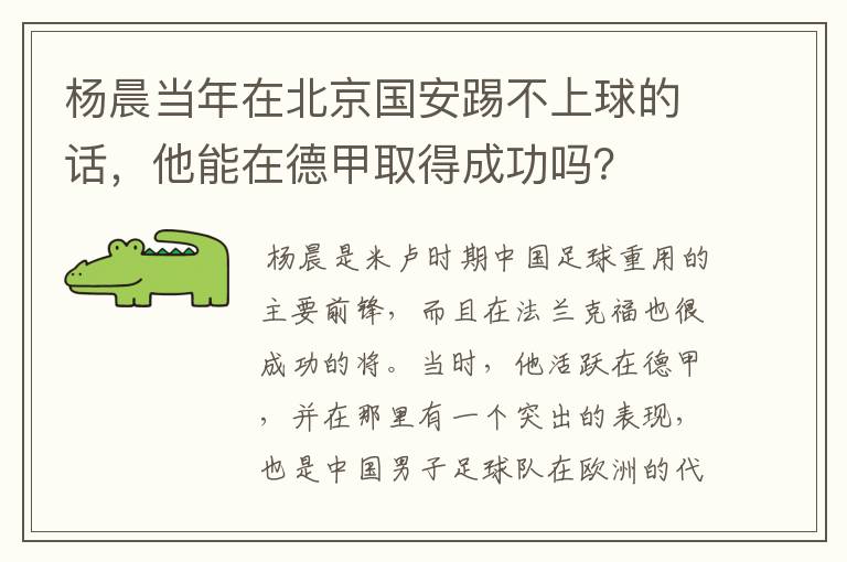 杨晨当年在北京国安踢不上球的话，他能在德甲取得成功吗？