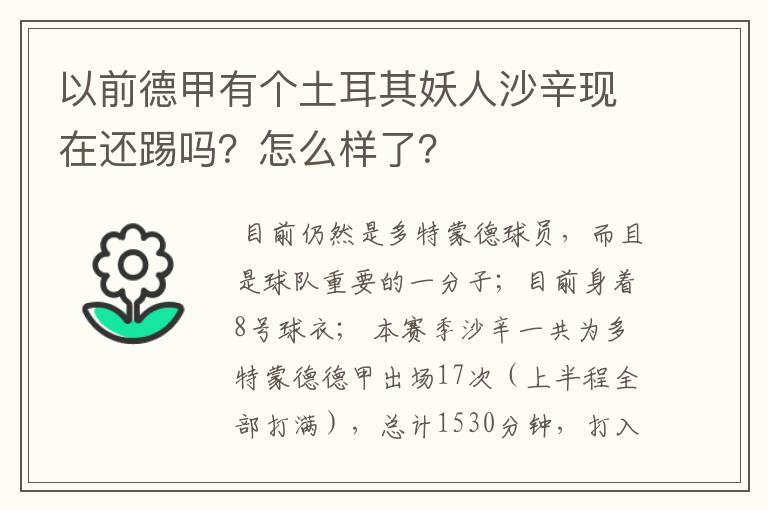 以前德甲有个土耳其妖人沙辛现在还踢吗？怎么样了？