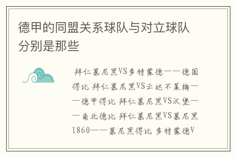 德甲的同盟关系球队与对立球队分别是那些