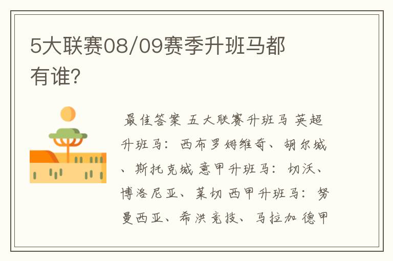 5大联赛08/09赛季升班马都有谁？