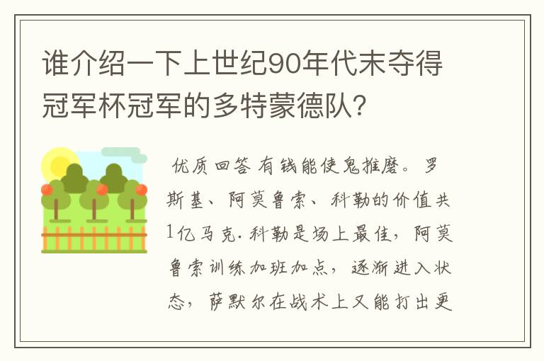 谁介绍一下上世纪90年代末夺得冠军杯冠军的多特蒙德队？