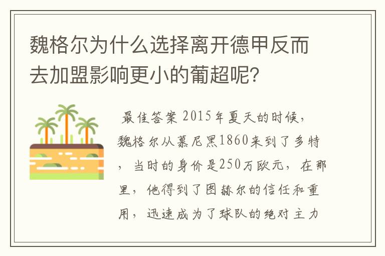 魏格尔为什么选择离开德甲反而去加盟影响更小的葡超呢？