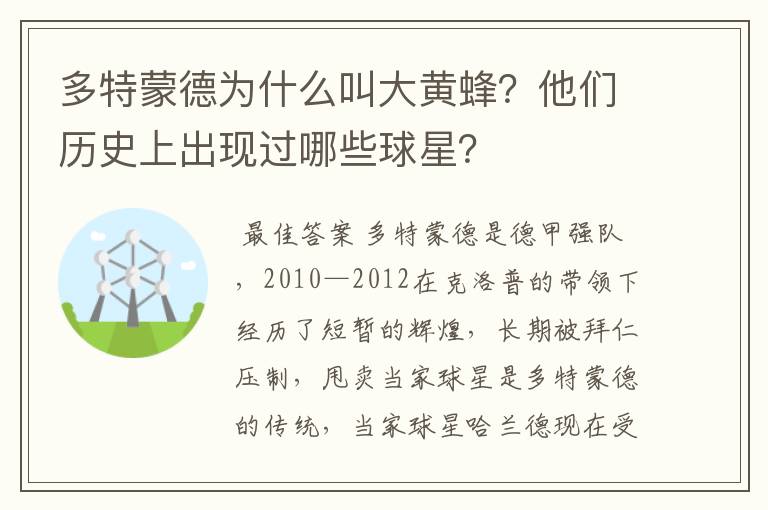 多特蒙德为什么叫大黄蜂？他们历史上出现过哪些球星？