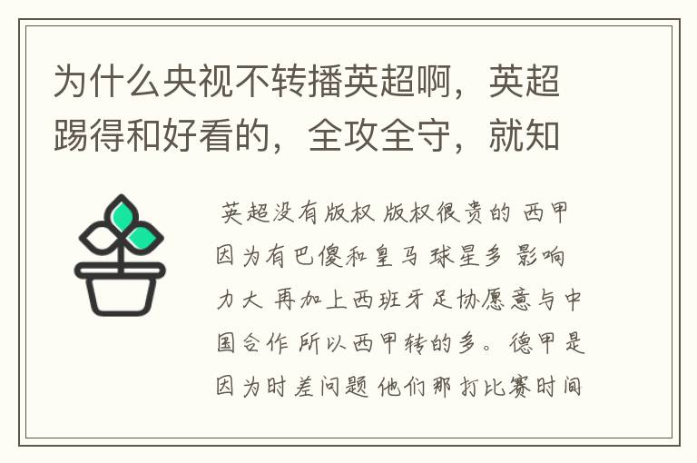 为什么央视不转播英超啊，英超踢得和好看的，全攻全守，就知道转西甲。郁闷的是德甲很少人看啊，转的最多