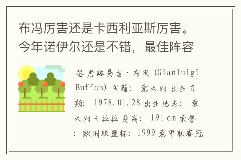 布冯厉害还是卡西利亚斯厉害。今年诺伊尔还是不错，最佳阵容诺伊尔进了，唯一一个门将