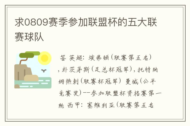 求0809赛季参加联盟杯的五大联赛球队