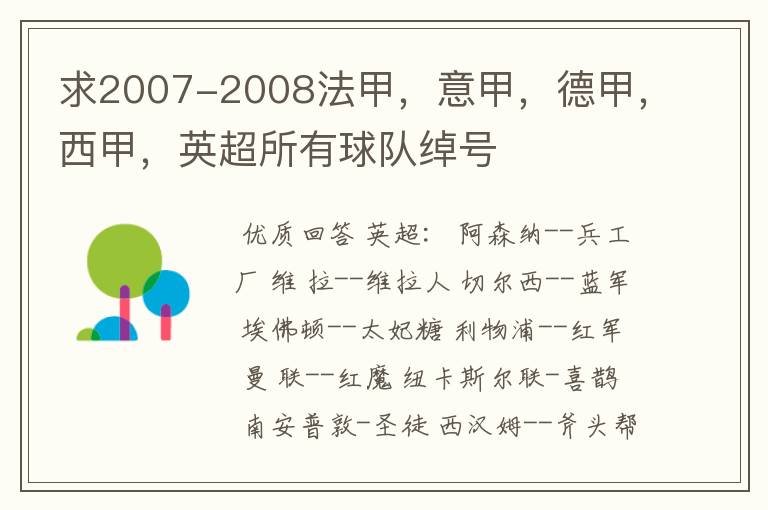 求2007-2008法甲，意甲，德甲，西甲，英超所有球队绰号