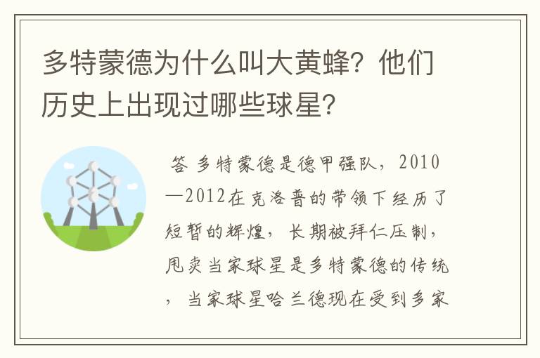 多特蒙德为什么叫大黄蜂？他们历史上出现过哪些球星？