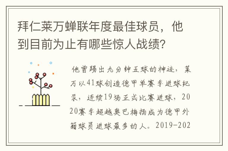 拜仁莱万蝉联年度最佳球员，他到目前为止有哪些惊人战绩？